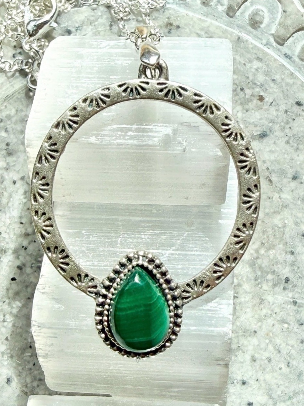 Silver Malachite Hoop Necklace - Handmade by Wandering Bunny LLC